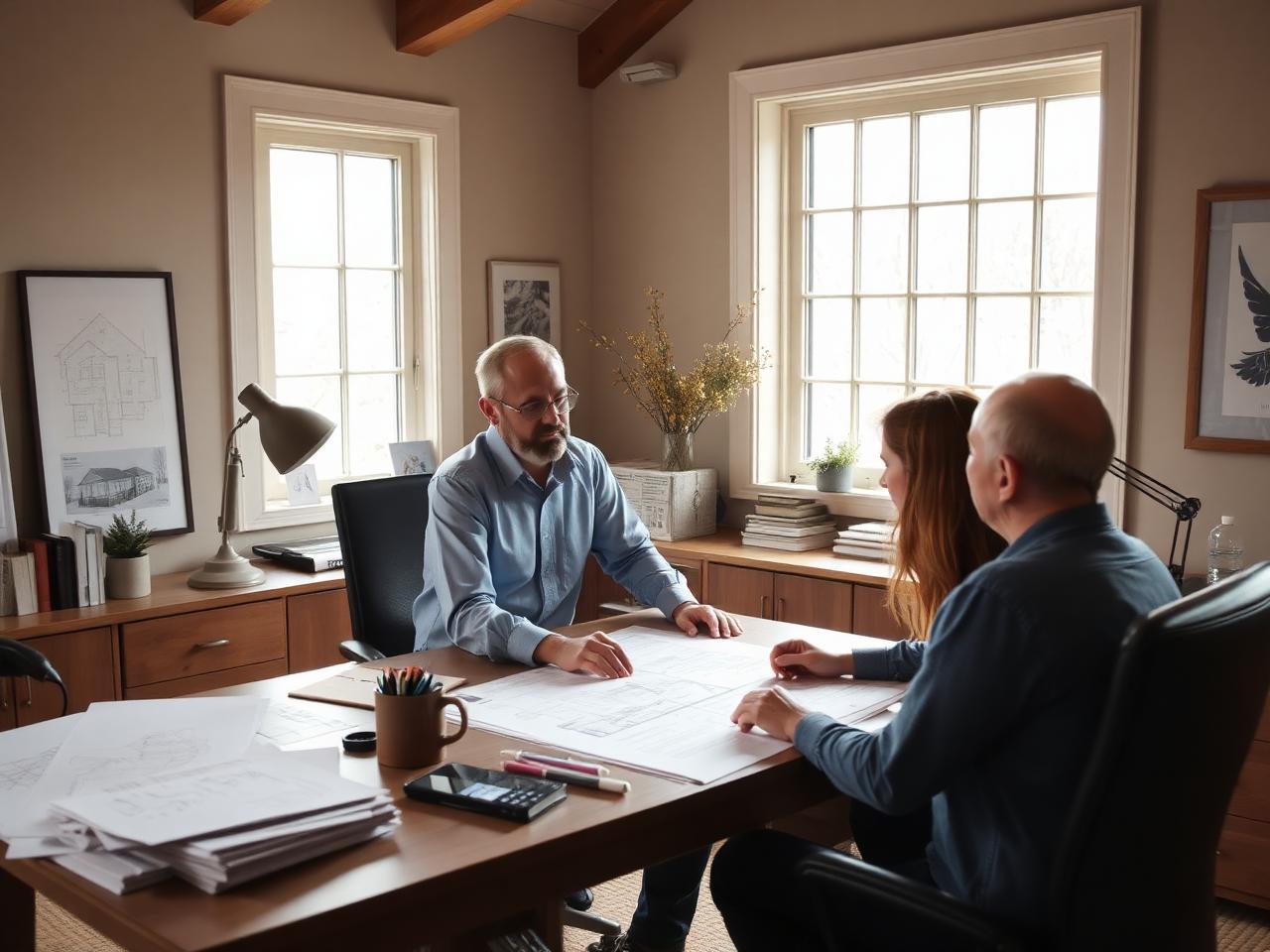 Architect discussing house plans with homeowner clients in a sunlit studio