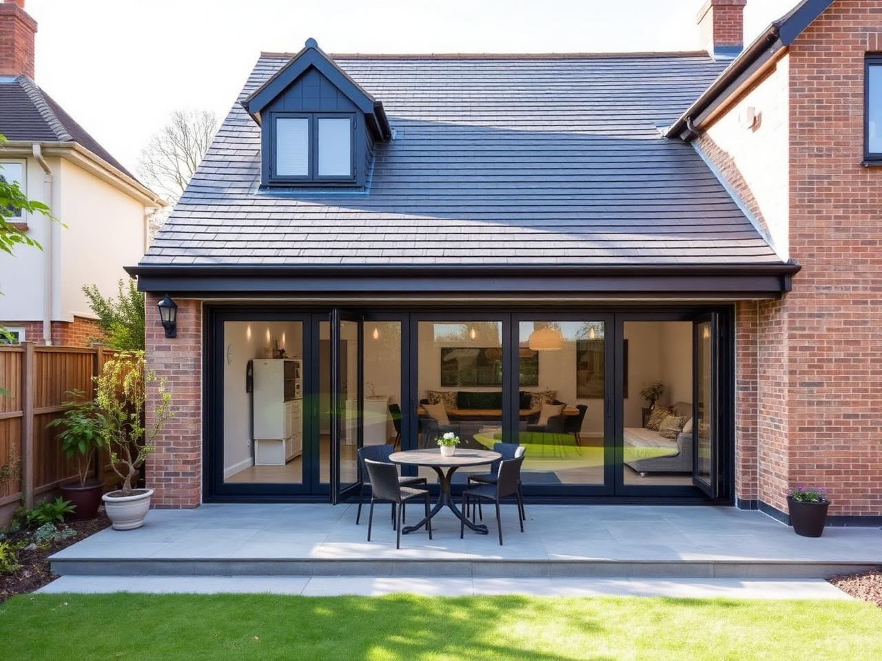 Modern UK rear house extension with bifold doors opening to a garden