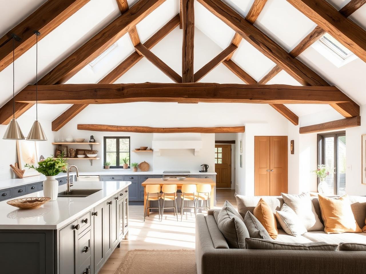 Remodeled Cornish cottage interior with exposed beams and modern finishes