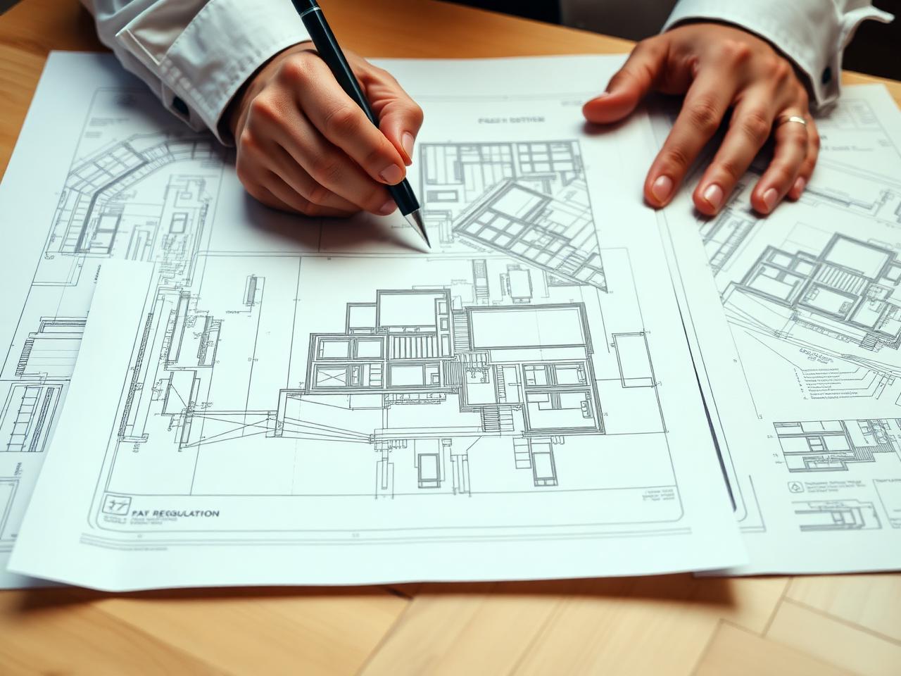 Detailed building regulation construction drawings being marked up