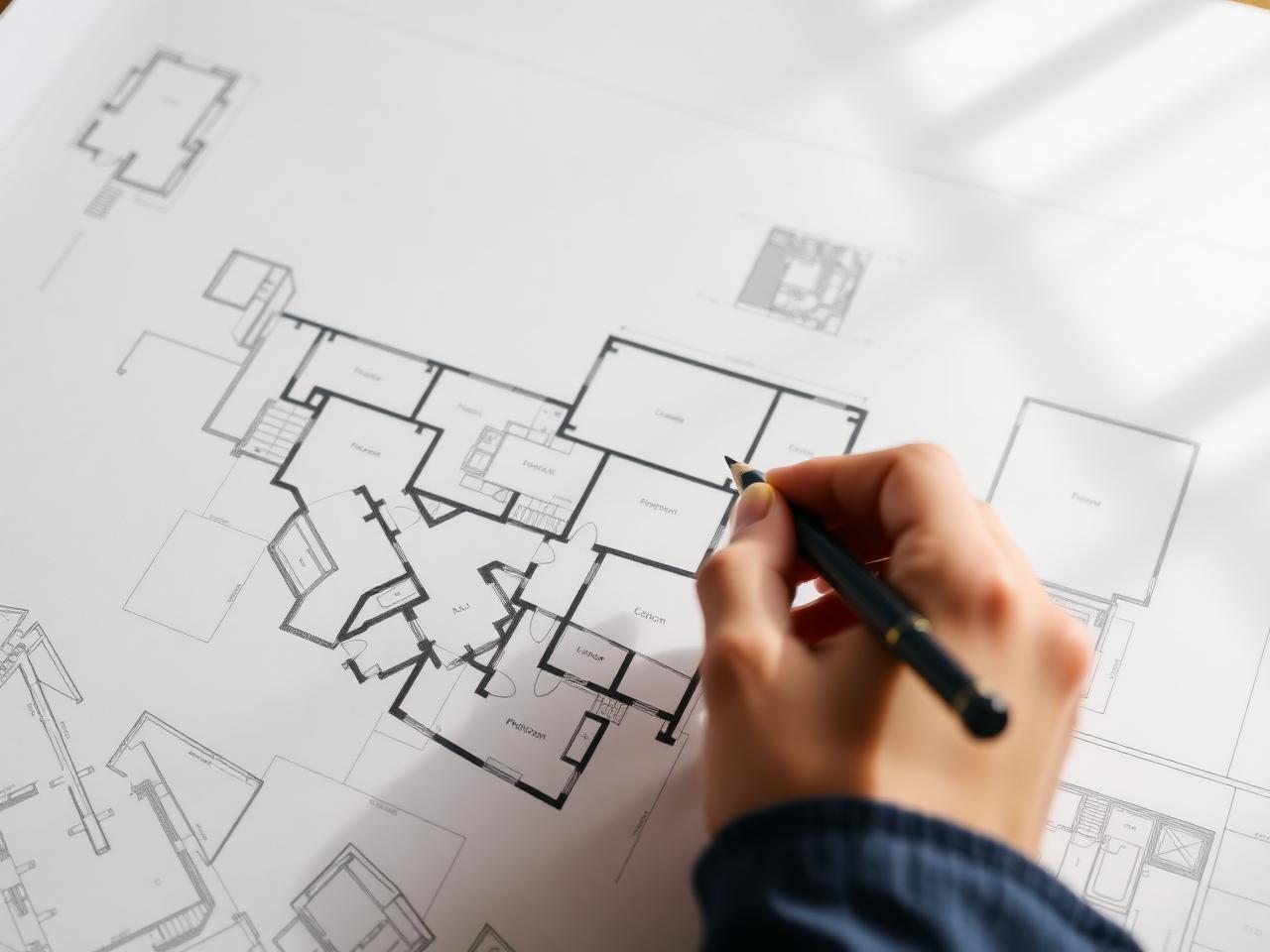 Architect sketching detailed floor plans on a drafting table