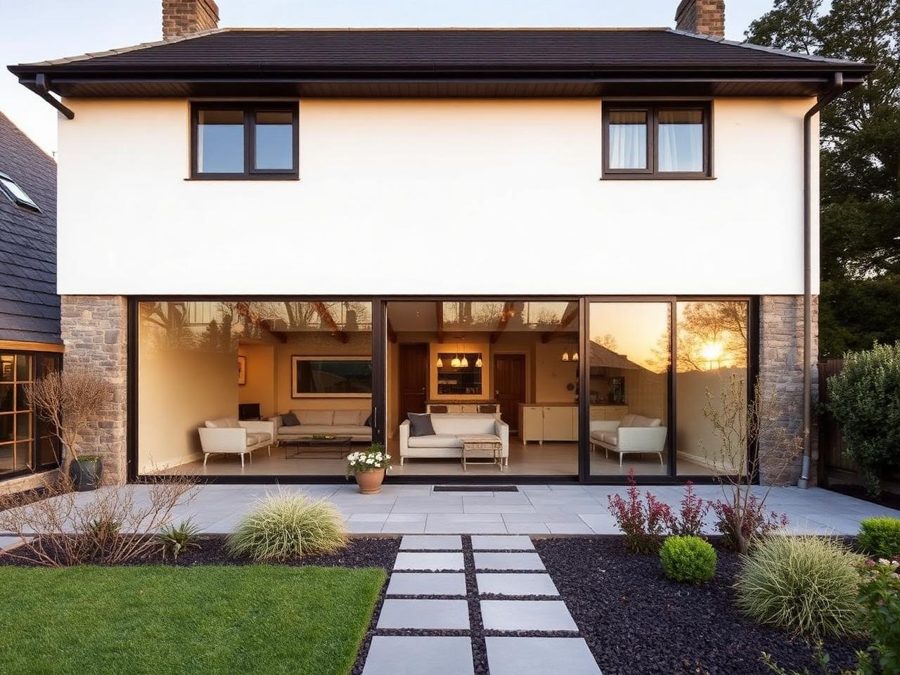 Beautifully finished modern home extension with large glazing at golden hour