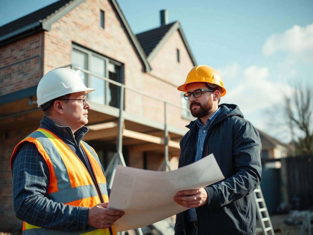 Project manager and builder reviewing plans on a residential build site